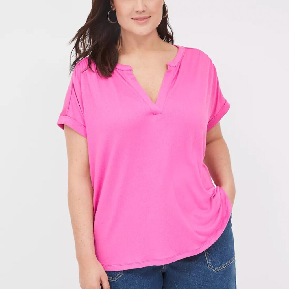 Lane Bryant Gauze Pink V-Neck Cuffed Sleeve Blouse